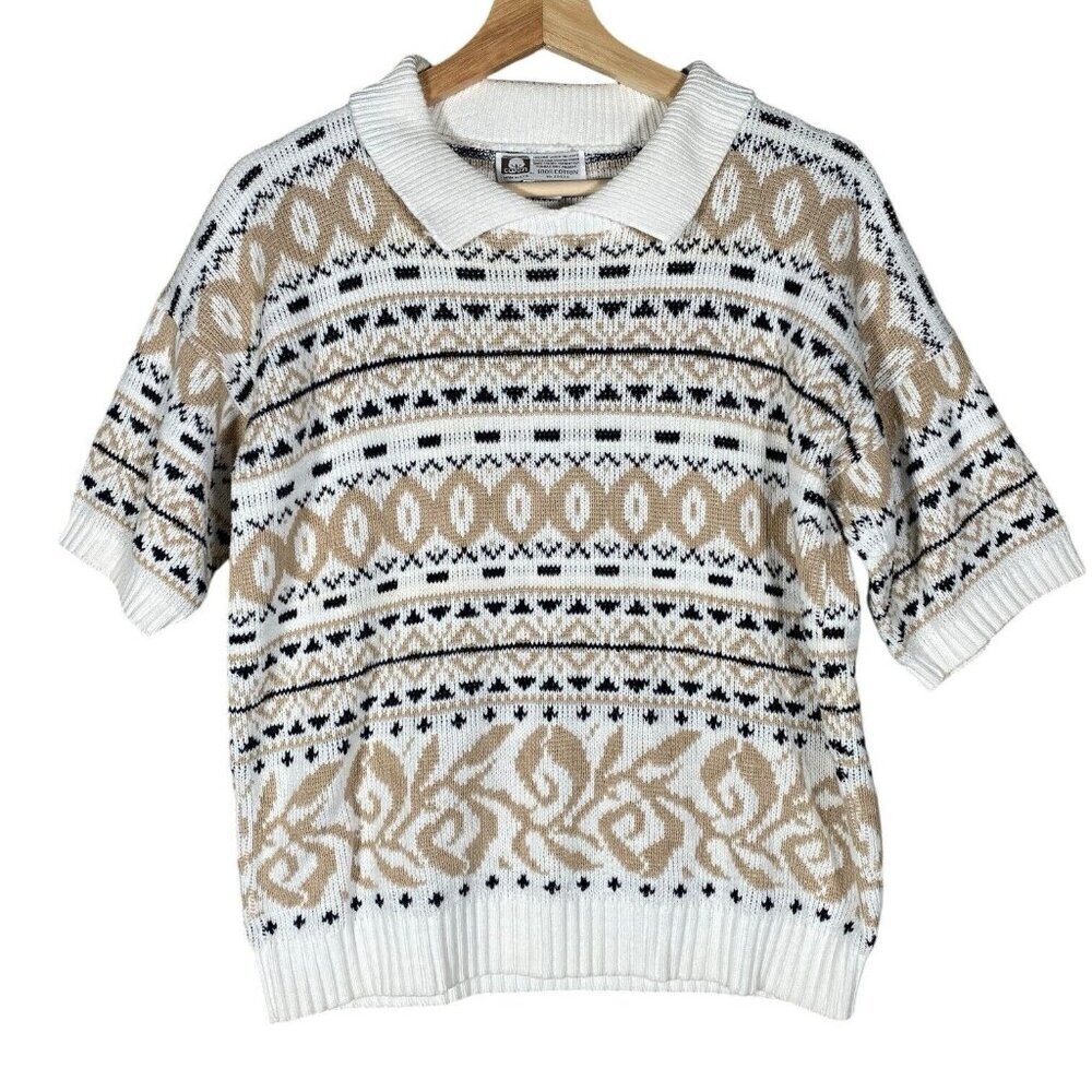 Vintage 90s Cotton Collared Sweater Cottagecore Granny Fair Isle Polo